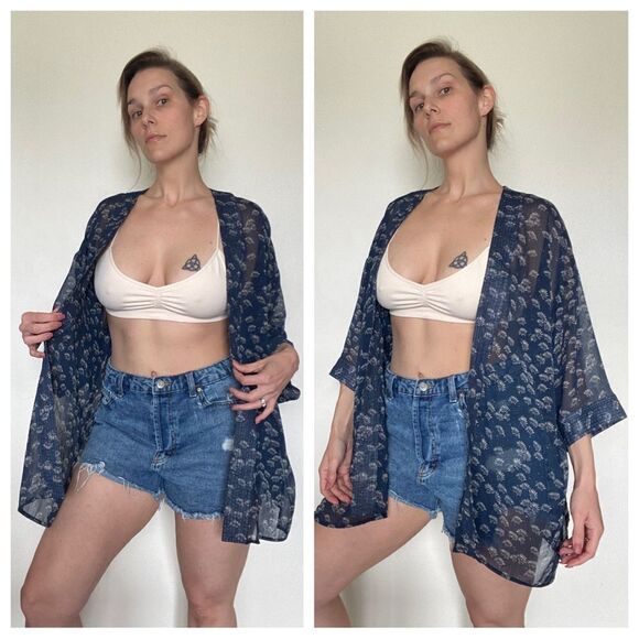 Lucky Brand Swim Kimono Coverup Navy Cream Vacation Beach Sheer - Picture 1 of 9